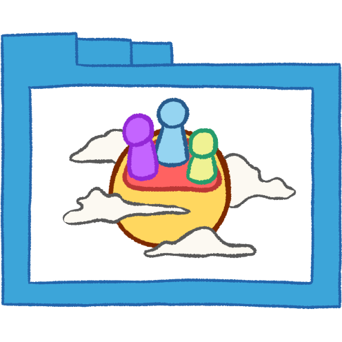 A hollow blue folder with thin lineart. Inside is an emoji yellow head with a large pink space in the top half of it. Three small people, one purple, one light blue, and one green, stand inside the pink space. There are white clouds around the head.